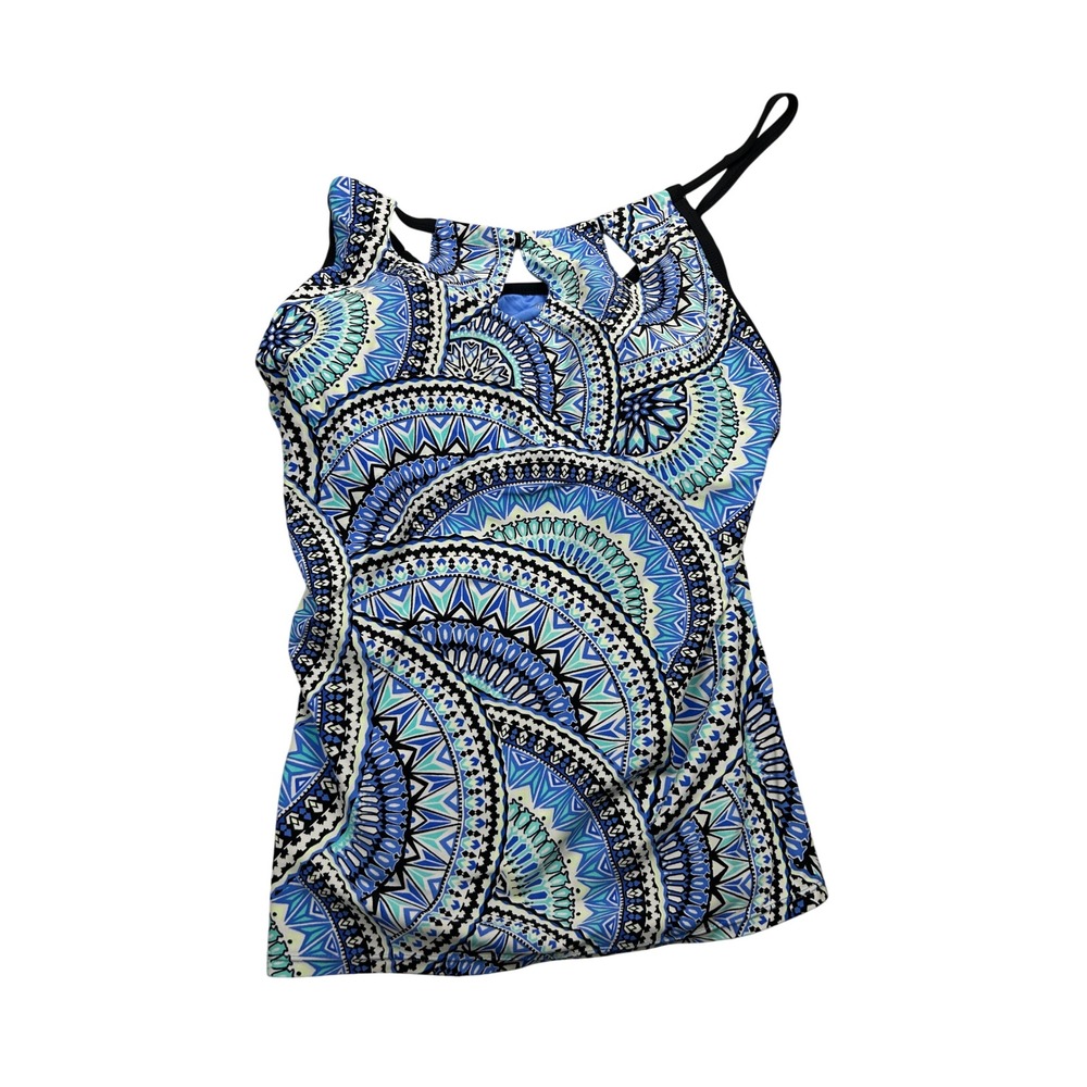 Free Country Women's Tankini Swim Top XXL Blue Mandala Geometric High Neck